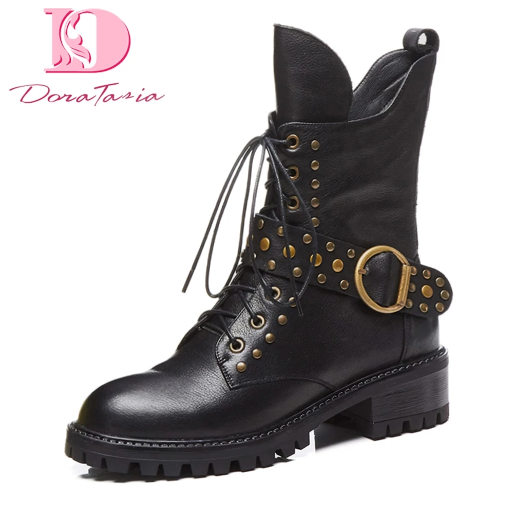 

DoraTasia large Size 34-42 genuine leather zip up rivet shoes woman boots cow leather mid calf boots woman shoes