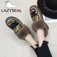 LazySeal/Шикарные ботильоны для женщин; теплые женские зимние ботинки; женская обувь с блестками; зимняя женская обувь на плоской подошве; Bota Mujer