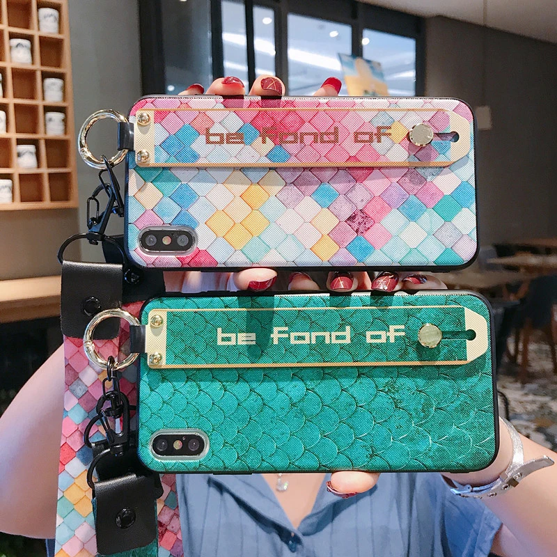 

Wrist Strap Case For Huawei Mate 20 Pro 20X Honor 8X 10 Lite V20 With Lanyard Neck Strap Mermaid Scales Back Cover Stand Coque