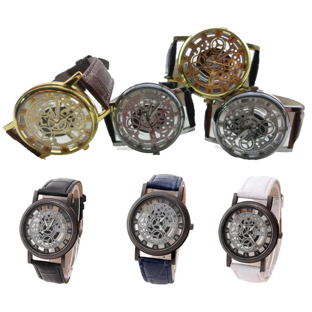 Роскошные модные мужские часы из нержавеющей стали, кварцевые Военные Спортивные наручные часы с кожаным ремешком и циферблатом, деловые мужские часы с скелетом