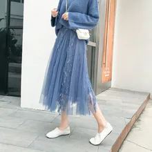 Новые Элегантные тюлевые длинные женские плиссированные юбки Лето Весна Цветочные пачки кружева сетки юбка женские миди юбки с бахромой