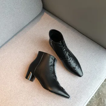 

MLJUESE 2020 women soft ankle boots cow leather square toe high heels boots winter short plush soft boots party dress size 43