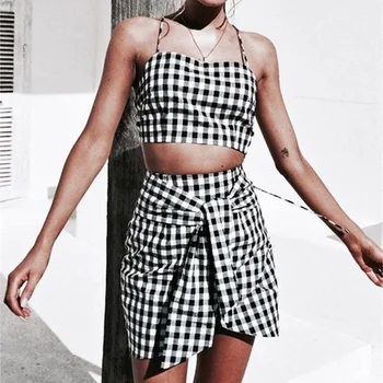

Summer Two Piece Set Sexy Lace-up Backless Plaid Dress Set
