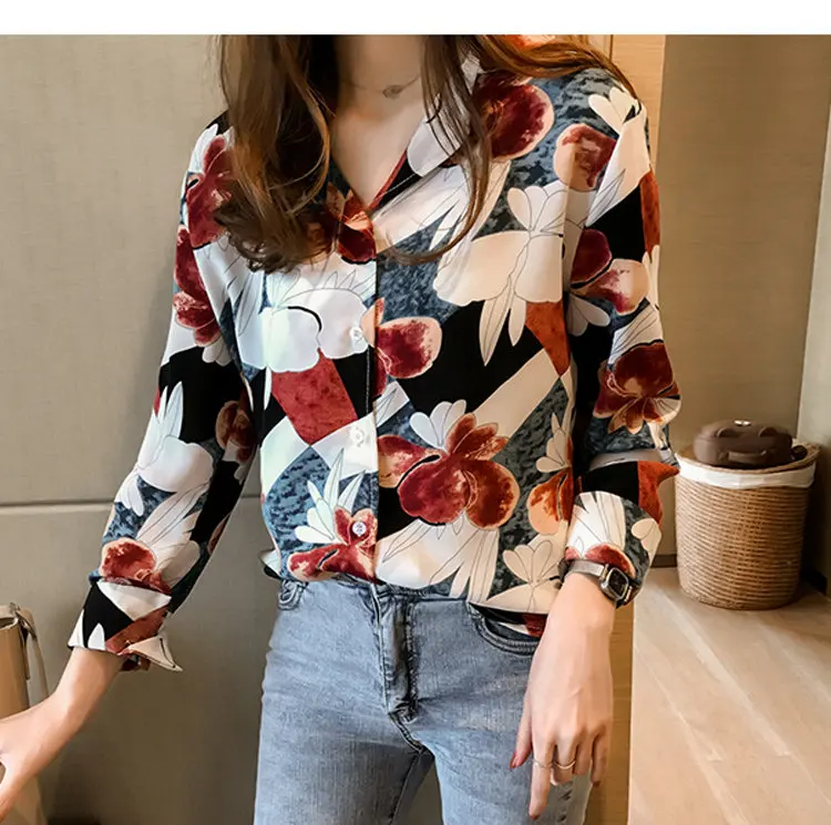 2019 Vintage Print Shirt Femme Plus Size Tops Autumn Women Blouses V-neck Long Sleeve Chiffon Blusas Mujer Chic Chemise Femme (5)