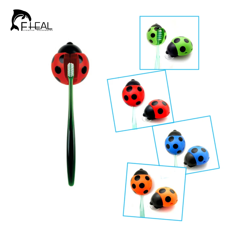 FHEAL 1pc Novelty Ladybug Toothbrush Holder Bathroom Wall Mounted Double Sucker Automatic Tooth Brush Storage Rack Wall Decor