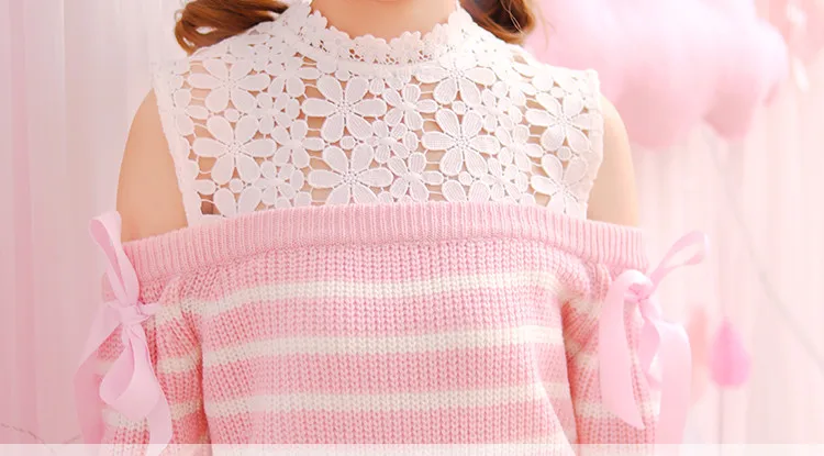 Pink, Navy blue Striped Off shoulder Dobby Lace Knitted Tops Lace up Soft sister Mori girl Sweet Cute 2017 Autumn Women Sweater