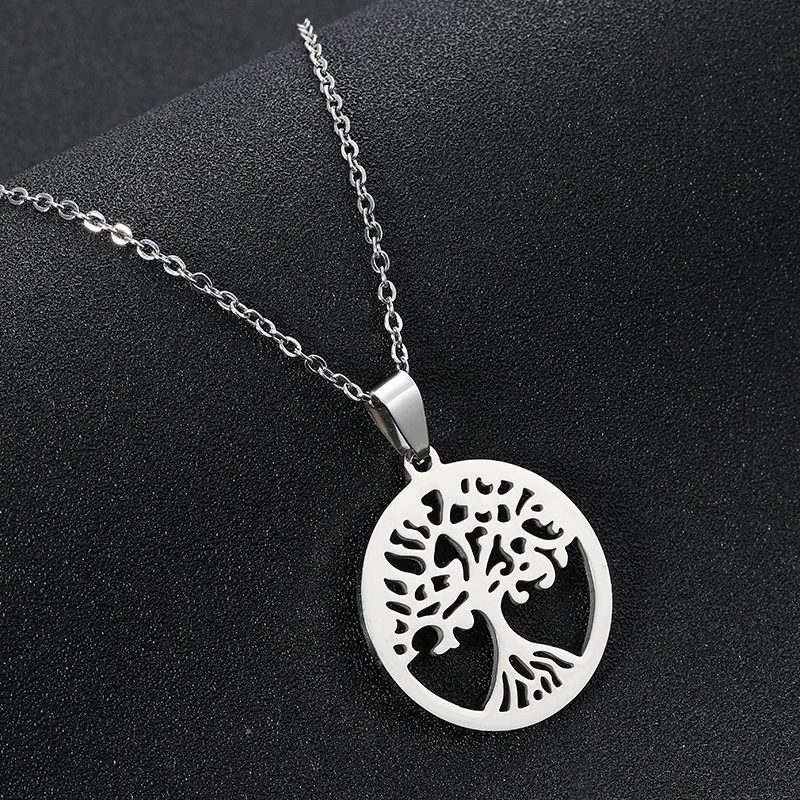 

Stainless Steel Tree of Life Round Pendant Necklace for Women Steel color Lucky Tree necklace Plant Jewelry Gift Bijoux