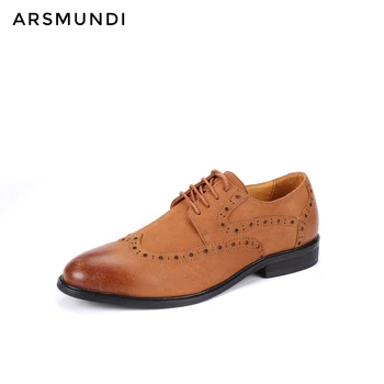 

Men Genuine Leather Dress Shoes Oxfords Brogue Derby Nubuck Leather Lace-up Business Shoes 2019 Men Wedding Shoes Cow Suede