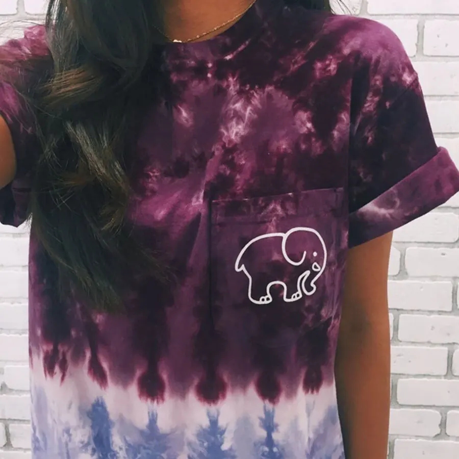 

Casual Elephant Print T-shirts Women O-neck Short Sleeve Pocket Loose Summer Tees Plus Size Female Vogue Colorful Wild Tops New