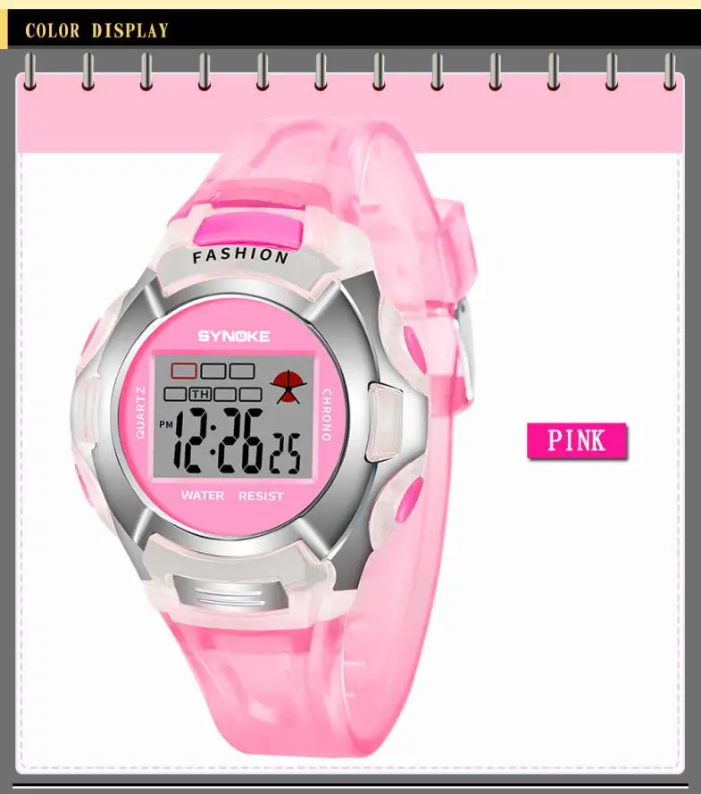 SYNOKE детские электронные часы для мальчиков и девочек студенческие водонепроницаемые спортивные часы светодиодный цифровой Дата наручные часы orologi bambini# N03 - Цвет: Розовый