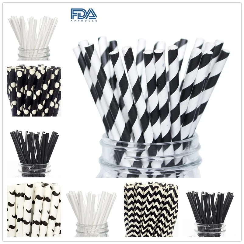 

25pcs White Black Dot Striped Mustache Paper Straw for Baby Shower Wedding Birthday Halloween Party Decoration Drinking Straws