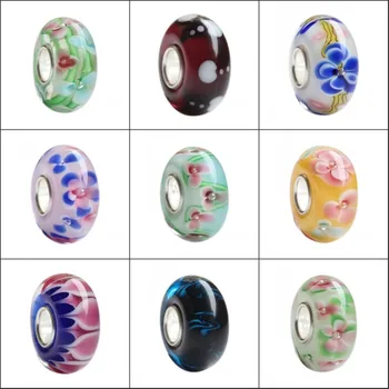

925 Sterling Silver Large Hole Colorful 3D Flowers Murano Glass Charm Beads Fit European Bracelet Jewelry glaskralen
