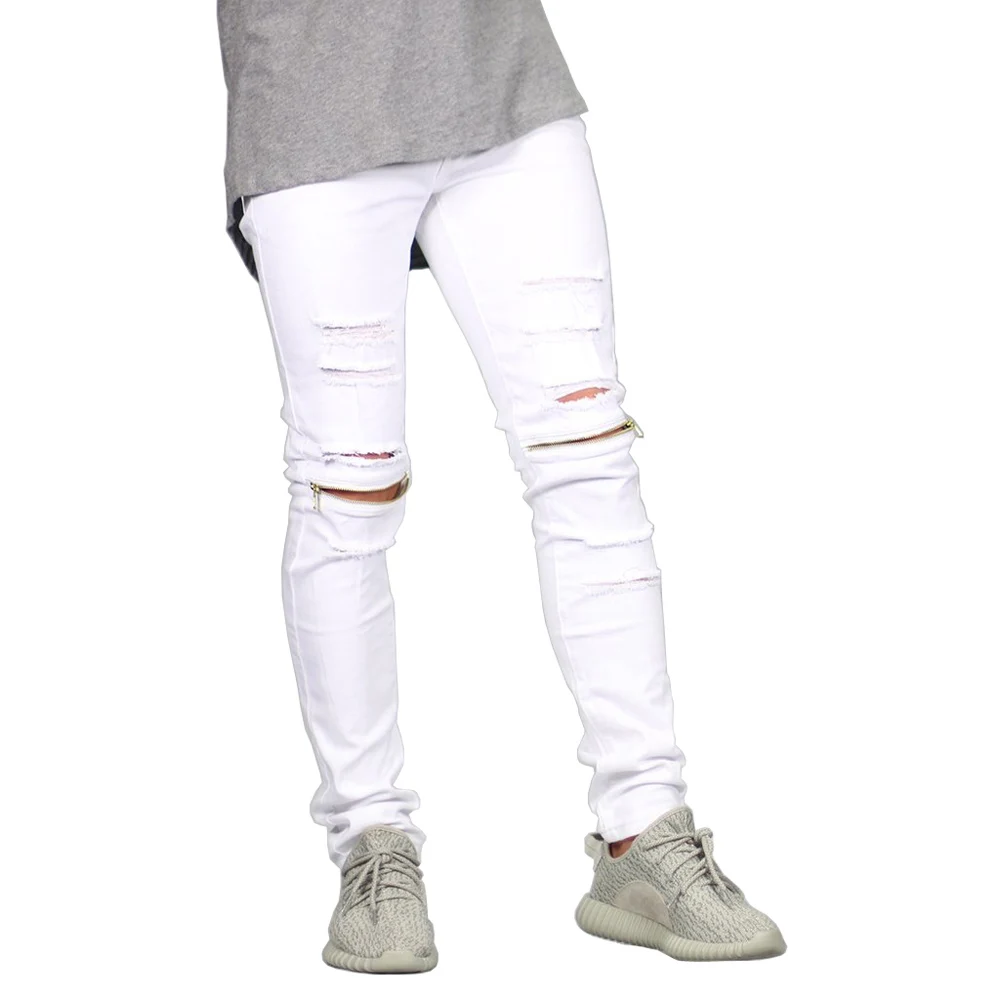 Fashion Men Knee Zipper Jeans Design Casual Stretch Destroyed Ripped Skinny Jeans For Men Y1029