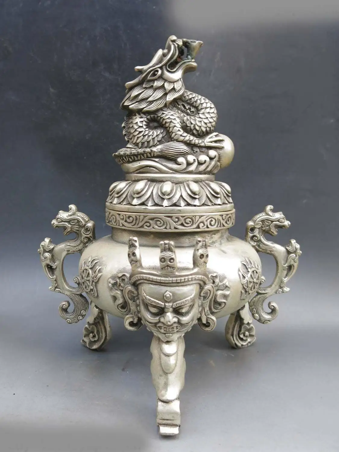 

11" China silver buddhism dragon good luck money incense burner censer Statue