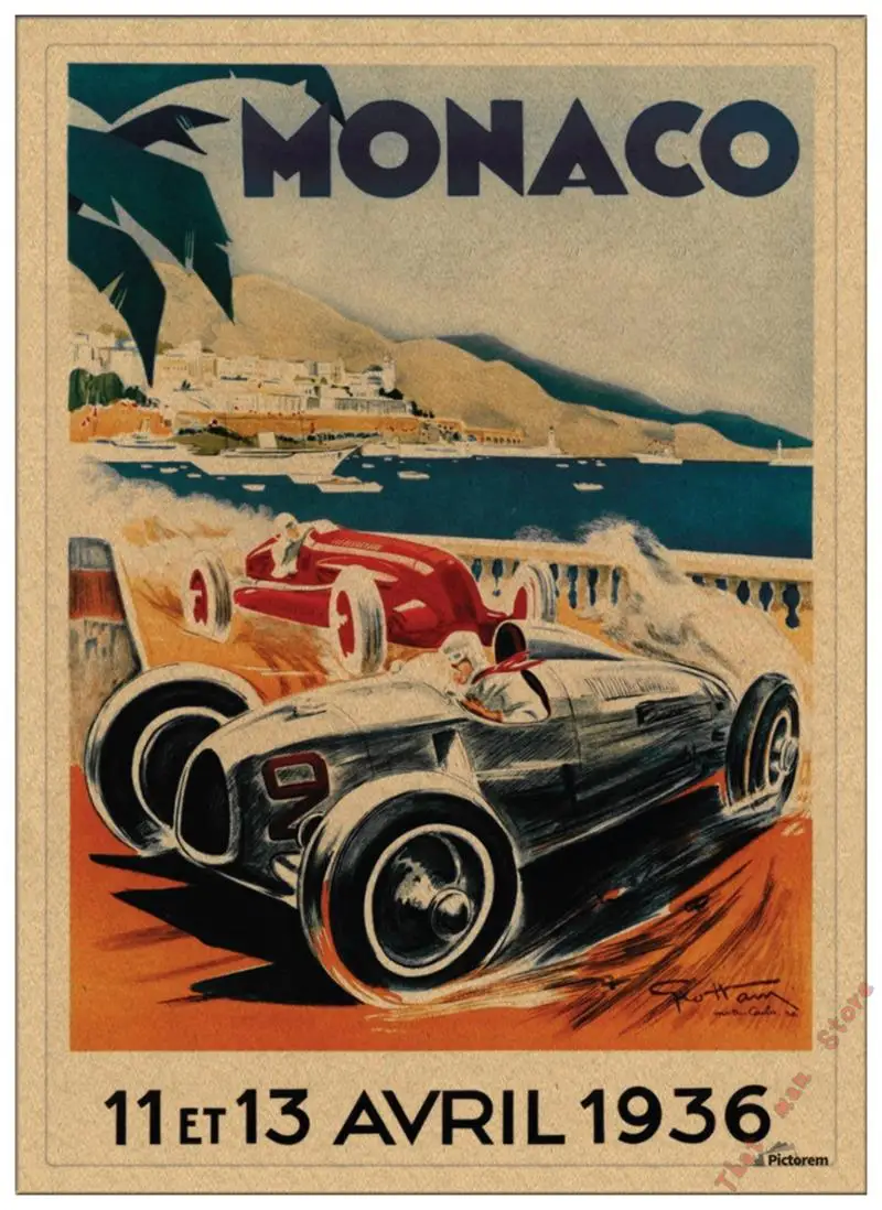 Супер гоночный Ретро мотор Monaco 1937 старинный автомобиль для путешествий, классический винтажный постер, сделай сам, домашний декор из крафт-бумаги