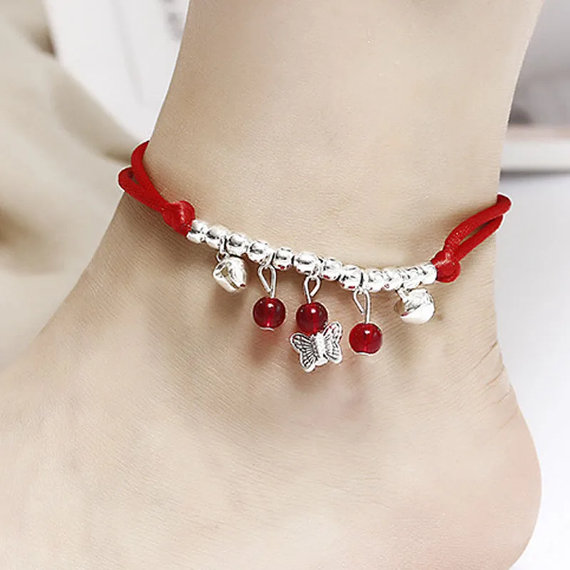 

Silver Color Round Beads Barefoot Anklet Bracelet Women Jewelry Adjustable Red Rope Chain Crystal Pendant Leg Bracelet 2018
