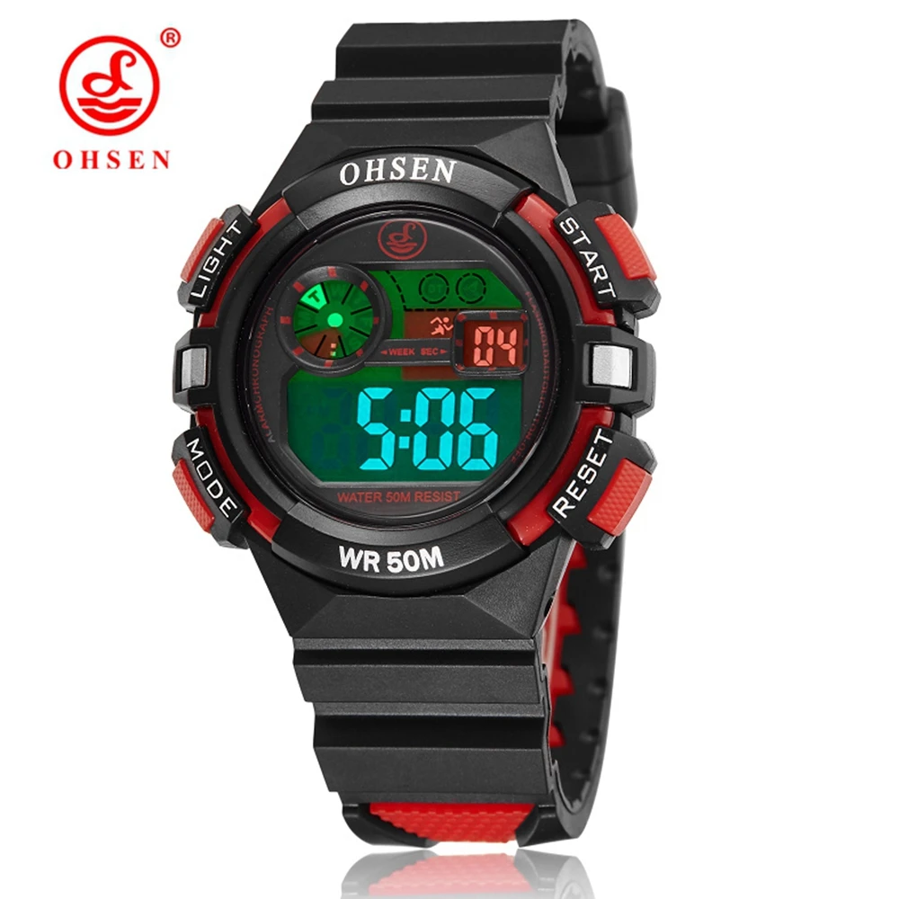 Новинка 2016 OHSEN брендовые красные цифровые ЖК детские резиновые ручные часы резиновый ремешок 50 м водонепроницаемые Модные Спортивные