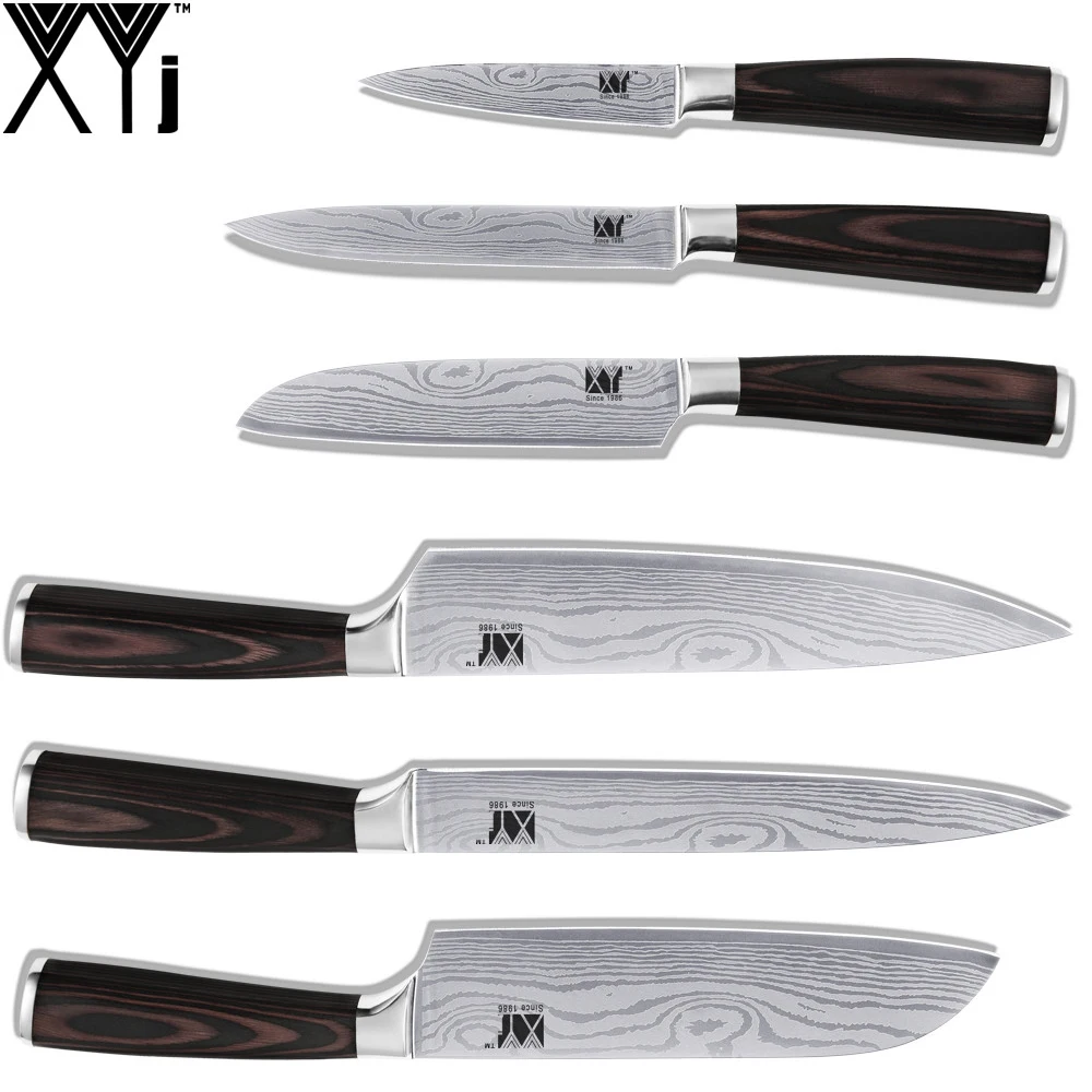 

Kitchen Knives XYj 8'' Chef + Slicing 7'' Santoku 5'' Santoku 5'' Utility 3.5'' Paring 7Cr17 Veins Stainless Steel Cooking Tools