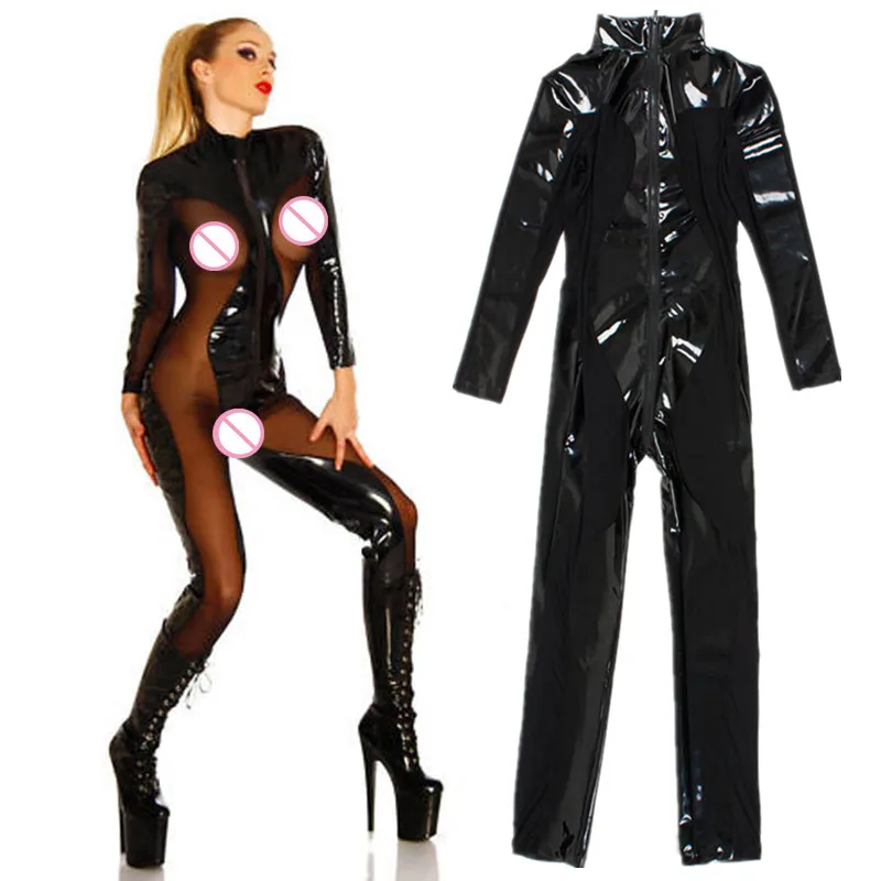 Женский Фетиш комбинезон из ПУ кожи на молнии|wetlook catsuit|pvc jumpsuitbodysuit dance costume |
