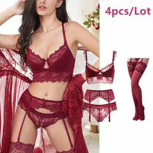Sexy lace thin cotton cup breast bra set (bra+panty+garter belt +stocking) 4pieces/lots Lingerie Set