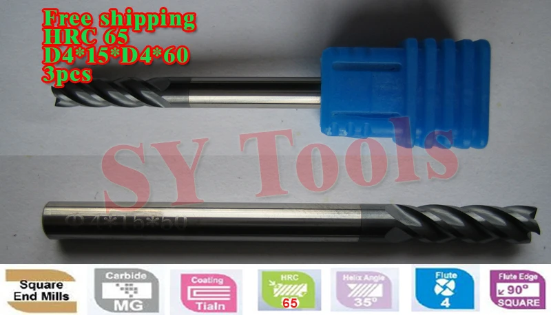 

Free shipping 3pcs 4mm Four Flutes square flat endmill Carbide CNC Endmill Router bits hrc65 D4*15*D4*50