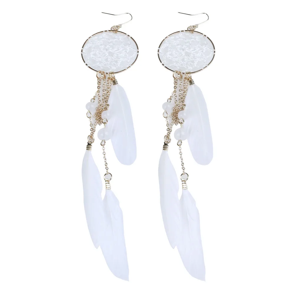 

Bohemia Feather Beads Long Pendant Design Dream Catcher Dangle Earrings For Women Statement Retro Jewelry White Coffee Color F1