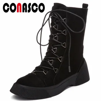 

CONASCO Punk Rock Women Ankle Boots Platforms Lace Up Rivets Party Wedding Shoes Woman Cow Suede Short Motorcycle Boots Shoes