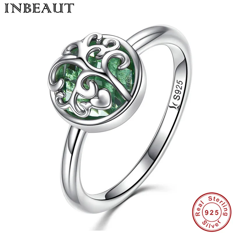 

INBEAUT 925 Sterling Silver Green Cubic Zirconia Princess CZ Band Ring for Wedding Innovative Life Tree S925 Open Rings