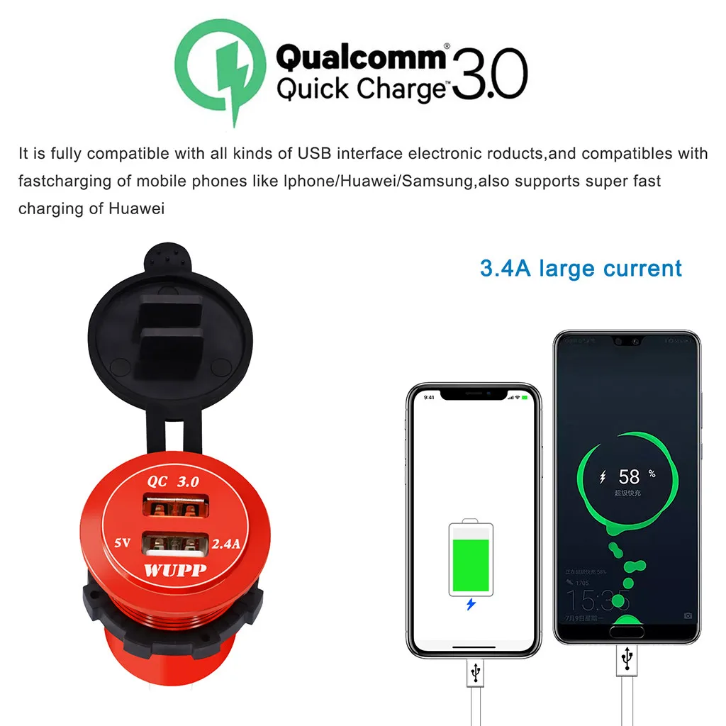 QC 3.0 Dual USB Charger Socket Voltmeter Quick Charge 3.0 Wire Waterproof for Car Motorcycle Mobile Phone Charger Fast QC#Y8