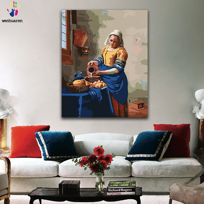 

DIY colorings pictures by numbers with colors The Milkmaid Jan Vermeer picture drawing painting by numbers framed Home