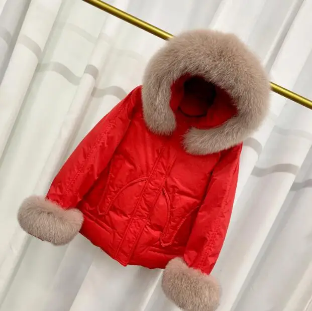 Натуральный Лисий мех воротник зимняя куртка для женщин с капюшоном на утином пуху короткая пуховая парка женское теплое пальто зимняя верхняя одежда - Цвет: 5