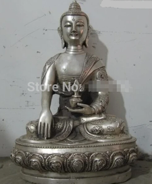 

Fast ShippingTibet Buddhism White Bronze Silver Dragon apothecary Sakyamuni Buddha Statue