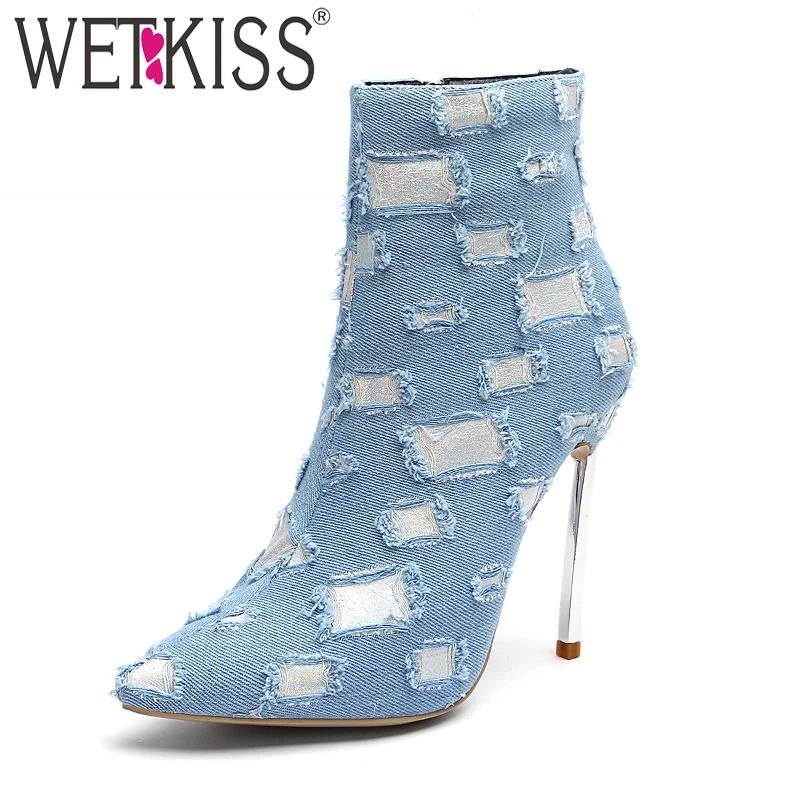 WETKISS Denim Unusual High Heels Women Boots Zip Pointed Toe Footwear