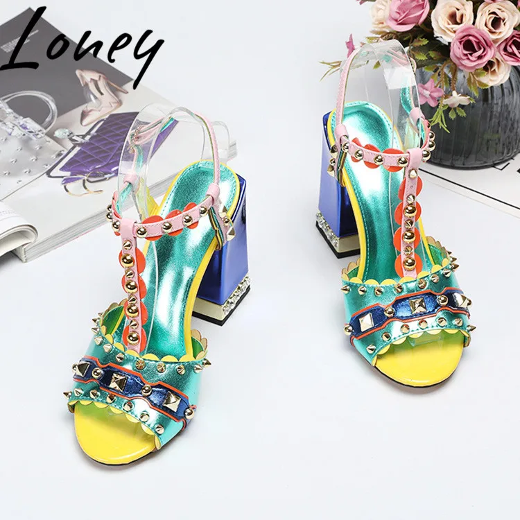 

Loney New Patent Leather Metal Studded Summer Sandals Open Toe Crystal Beading Heel HIgh Heel Sexy Sandals Shoes Women