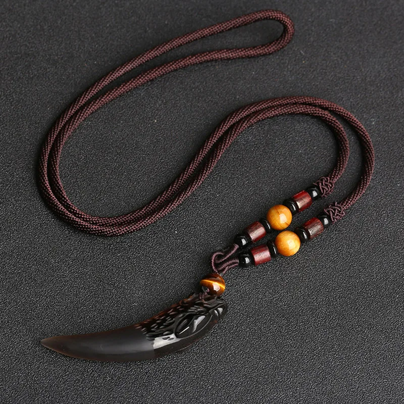 Wolf tooth Black Obsidian Pendant Necklace Amulets And Talismans Couple Natural Stone Necklace For Women Men Lucky Jewelry - Image 3