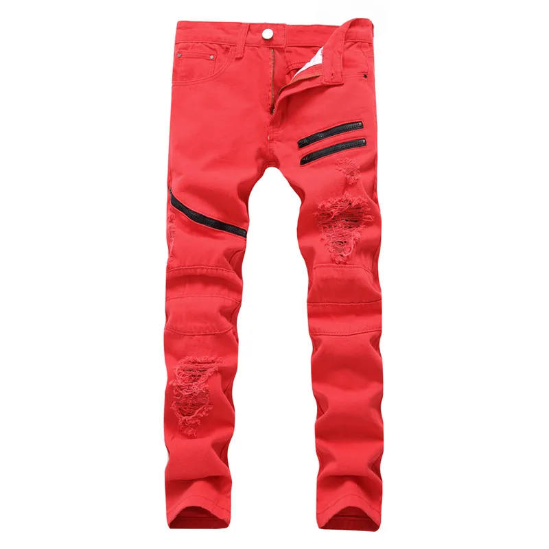 Dropshipping Men Red White Ripped Denim Pant Knee Hole Zipper Biker