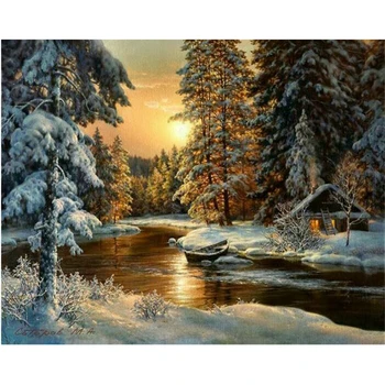 

DIY Diamond Painting Cross Stitch winter sunset landscape round rhinestone mosaic Picture 5D diamond embroidery snow tree CC629