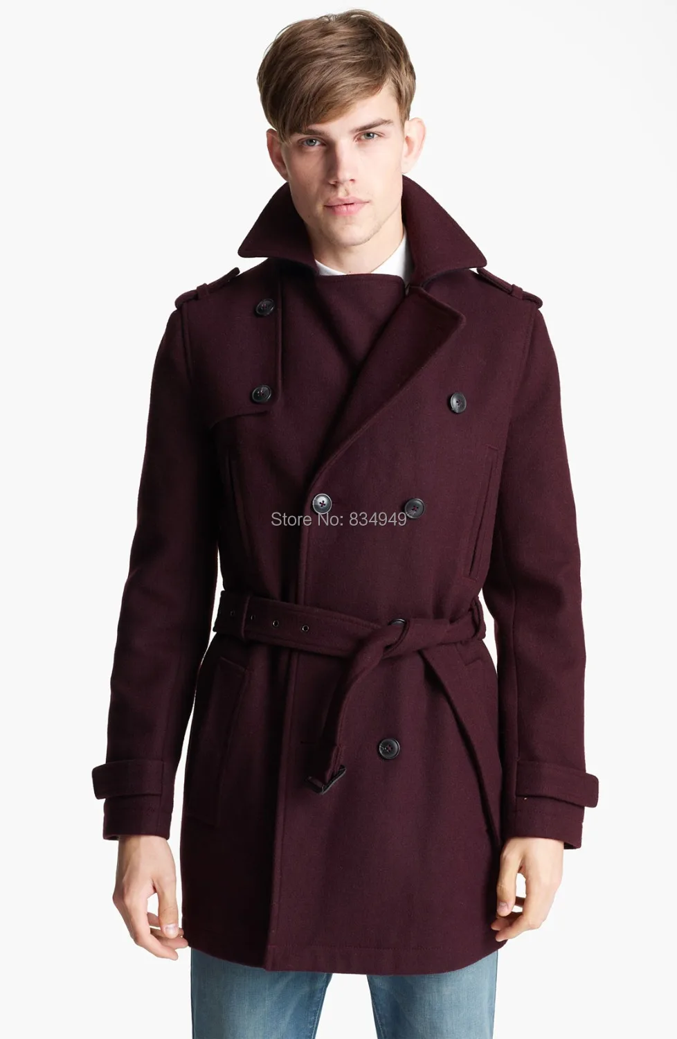 Custom Made Burgundy Trench Coat Men, Double Breasted Winter Overcoat ...