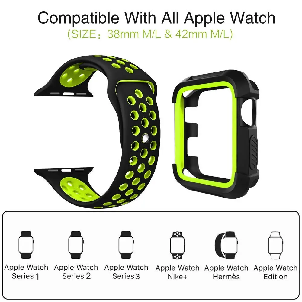 Apple Watch Band with Case 38 42 Shatter-Resistant Protective Case Soft Silicone Sport Band for Series4/3/2/1 Nike Sport Edition