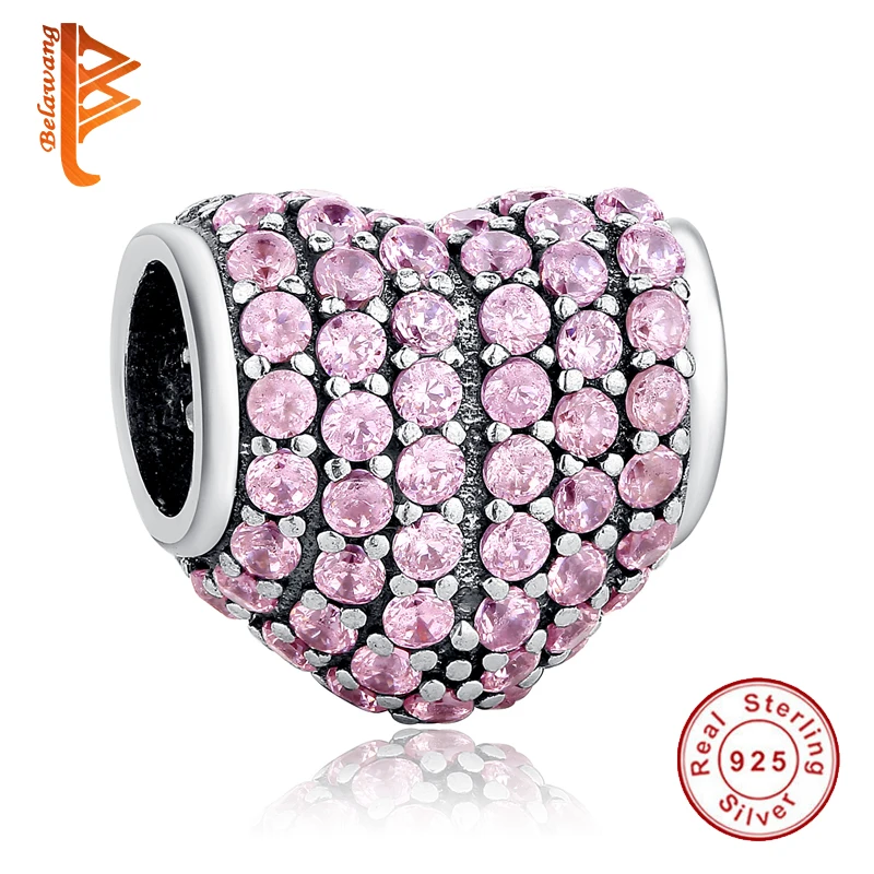 

BELAWANG Authentic 925 Sterling Silver CZ Crystal Charms Vintage Heart Beads Fit pandora Charms DIY Woman Bracelet Jewelry GIFT