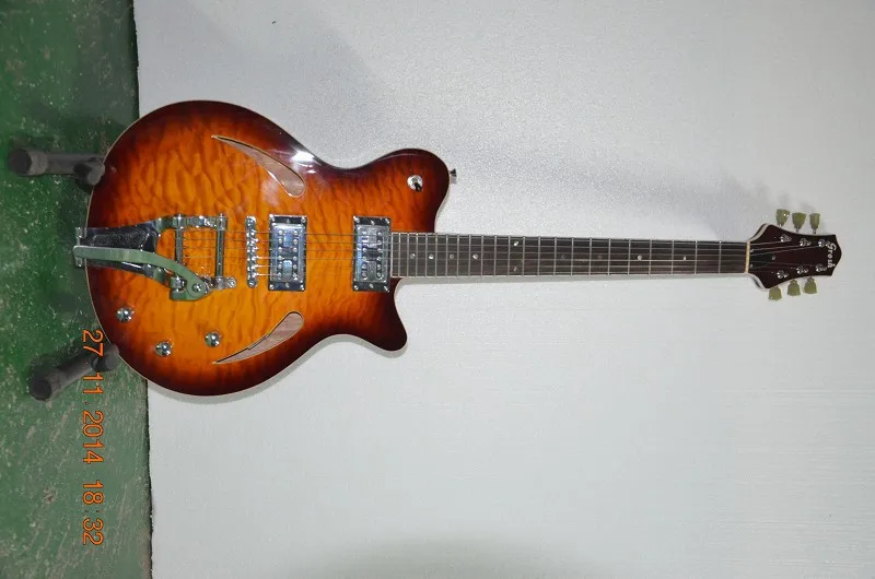

Free shipping Top Quality hollow body 6 Strings Grosh sundown colour Electric Guitars with Rocker Tremolo -1411-11