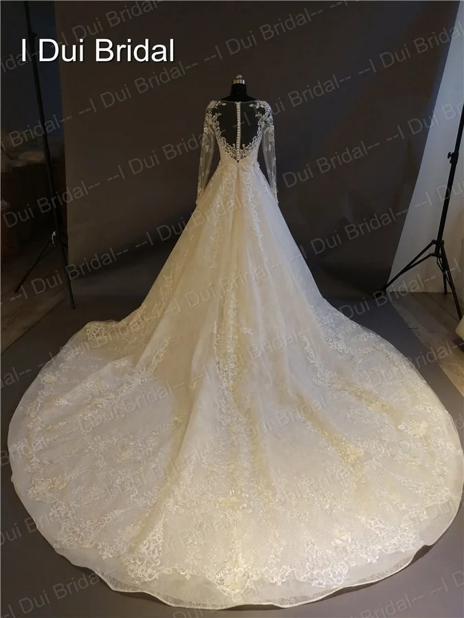 Иллюзия длинный рукав Свадебные платья Роскошные кружева аппликация высокое качество 2018 Новый стиль и пуговицы сзади