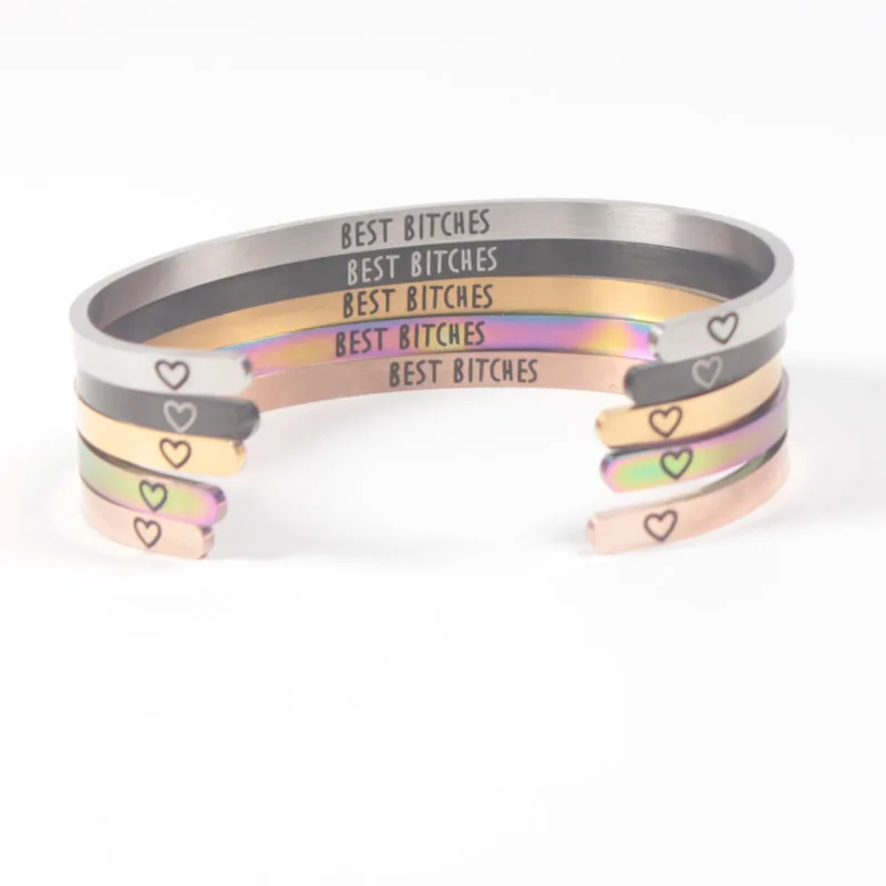 

4MM Stainless Steel Engraved "BEST BITCHES" Personalised Bangle Inspirational Cuff Mantra Bracelets for Women Men Jewelry