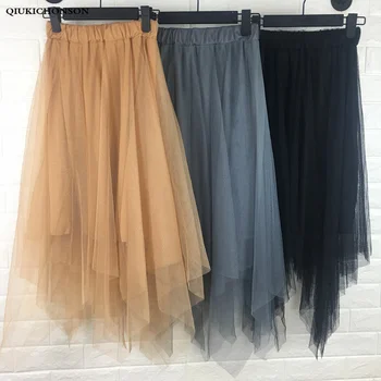 

Fairy High Waist Tulle Skirt Women Elastic Waist Long Asymmetrical Midi Skirts Ladies jupe tulle femme