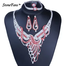 StoneFans горный хрусталь комплект ювелирного украшения Jewelry наборы свадебные Цепочки и ожерелья серьги, браслет, кольцо ярко-розовое ожерелье, набор из 4 штук