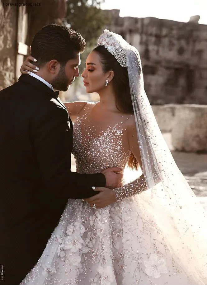 Glamorous Luxury Dubai Arabic New Fashion Lace Ball Gowns Wedding Dresses Long Sleeves 3D Flowers Beading Wedding Dress Bridal Gowns BC0151  591 (6)