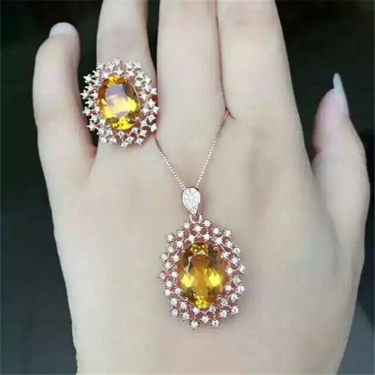 KJJEAXCMY boutique jewels 925 Чистое серебро инкрустация натуральный снег Кристалл желтый кристалл женское кольцо+ ожерелье+ кулон набор инкрустация