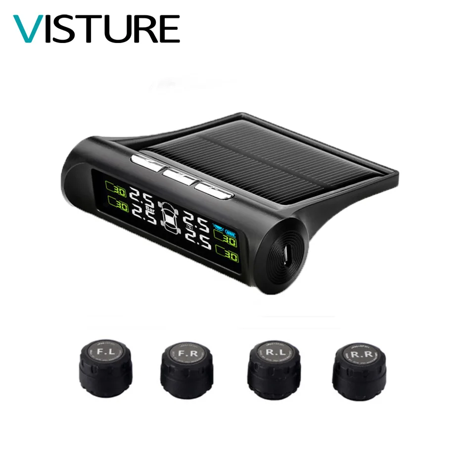 

2018 New Car Tire Pressure Alarm Monitor System Solar Power TPMS 4 External Sensor Temperature Alert Sun Energy Visture T06W