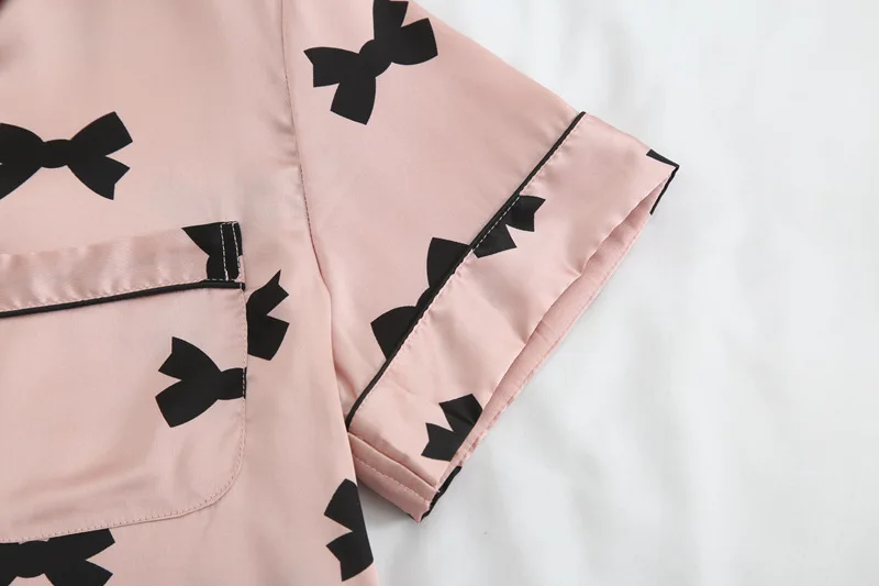 Корейский ледяной шелк брюки женские пижамы набор лук печати карман сшивание рубашка лук эластичный пояс брюки Повседневный милый
