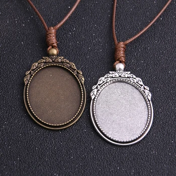 

1pcs Zinc Alloy Two Color 30*40mm Big Oval Cabochon Settings Blank Cameo Pendant Base Trays With Leather Cord For Jewelry Making